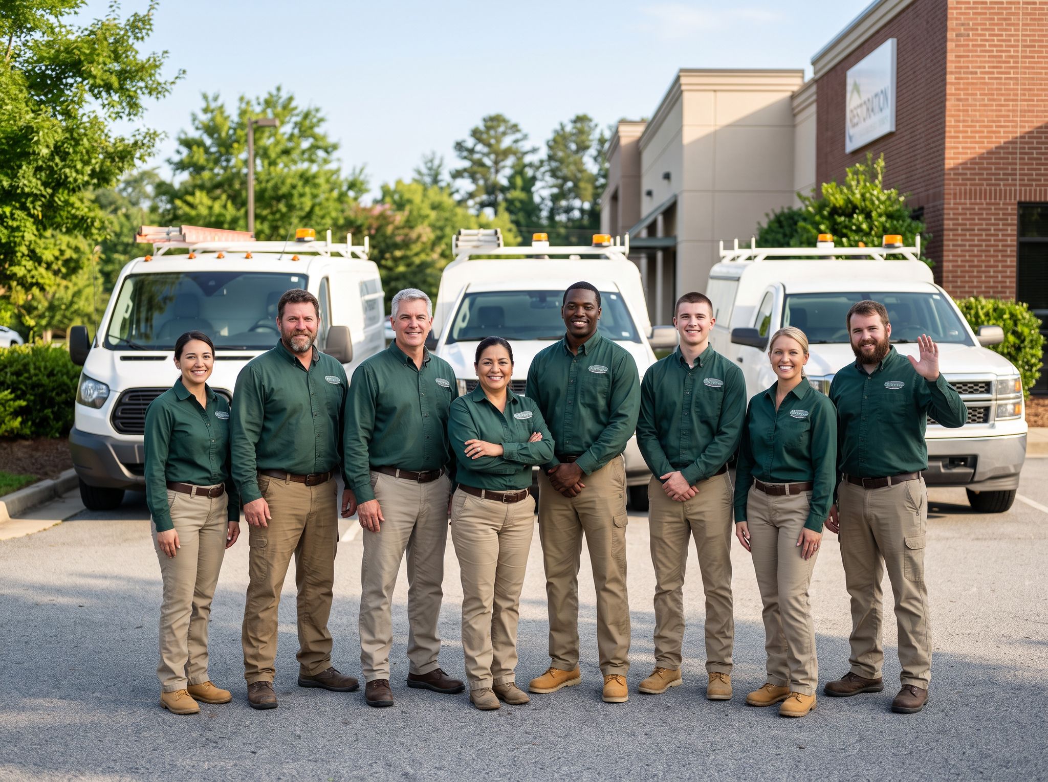 The J L Fox crew in matching work shirts in front of company trucks