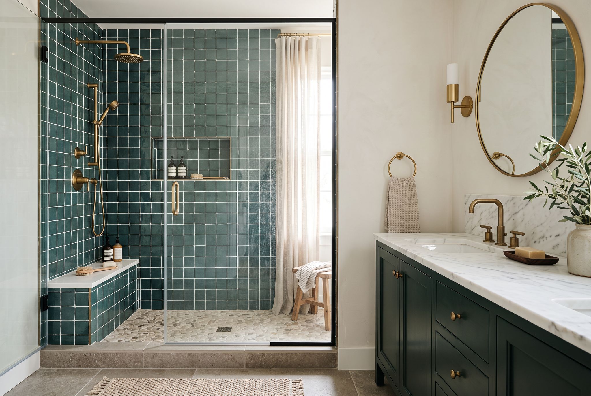 Remodeled bathroom with walk-in tile shower and deep green vanity