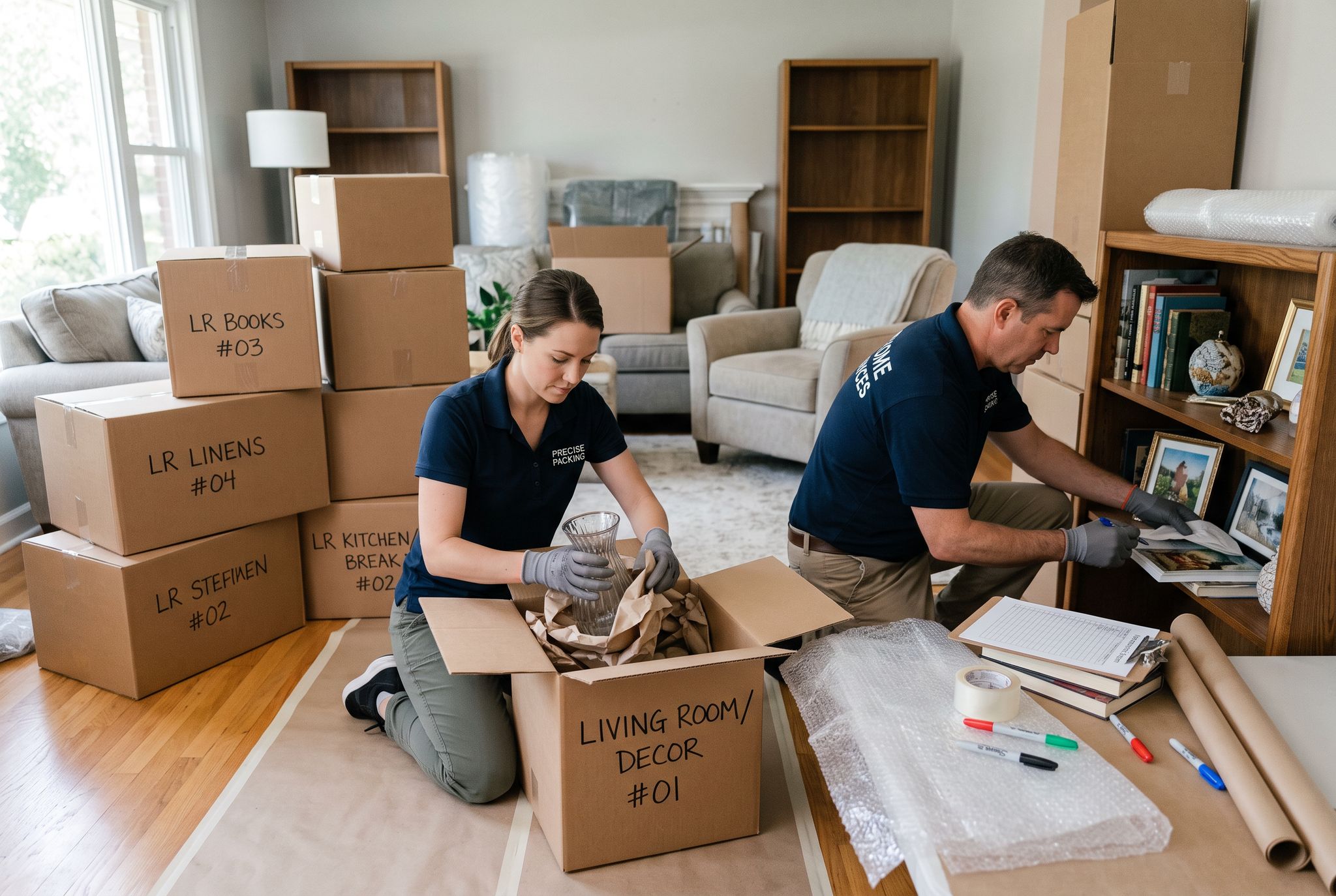 Crew member packing and labeling household contents for cleaning