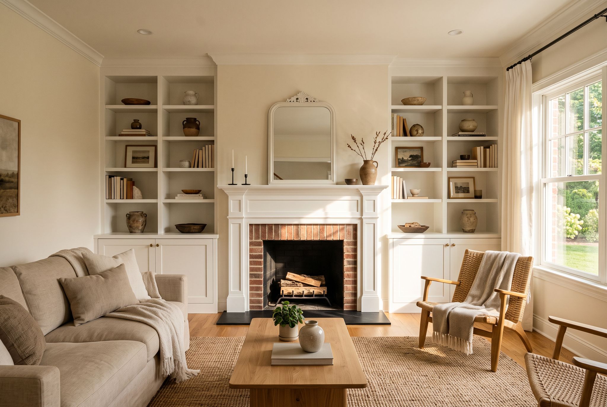 Restored living room with new built-in shelves around a clean fireplace