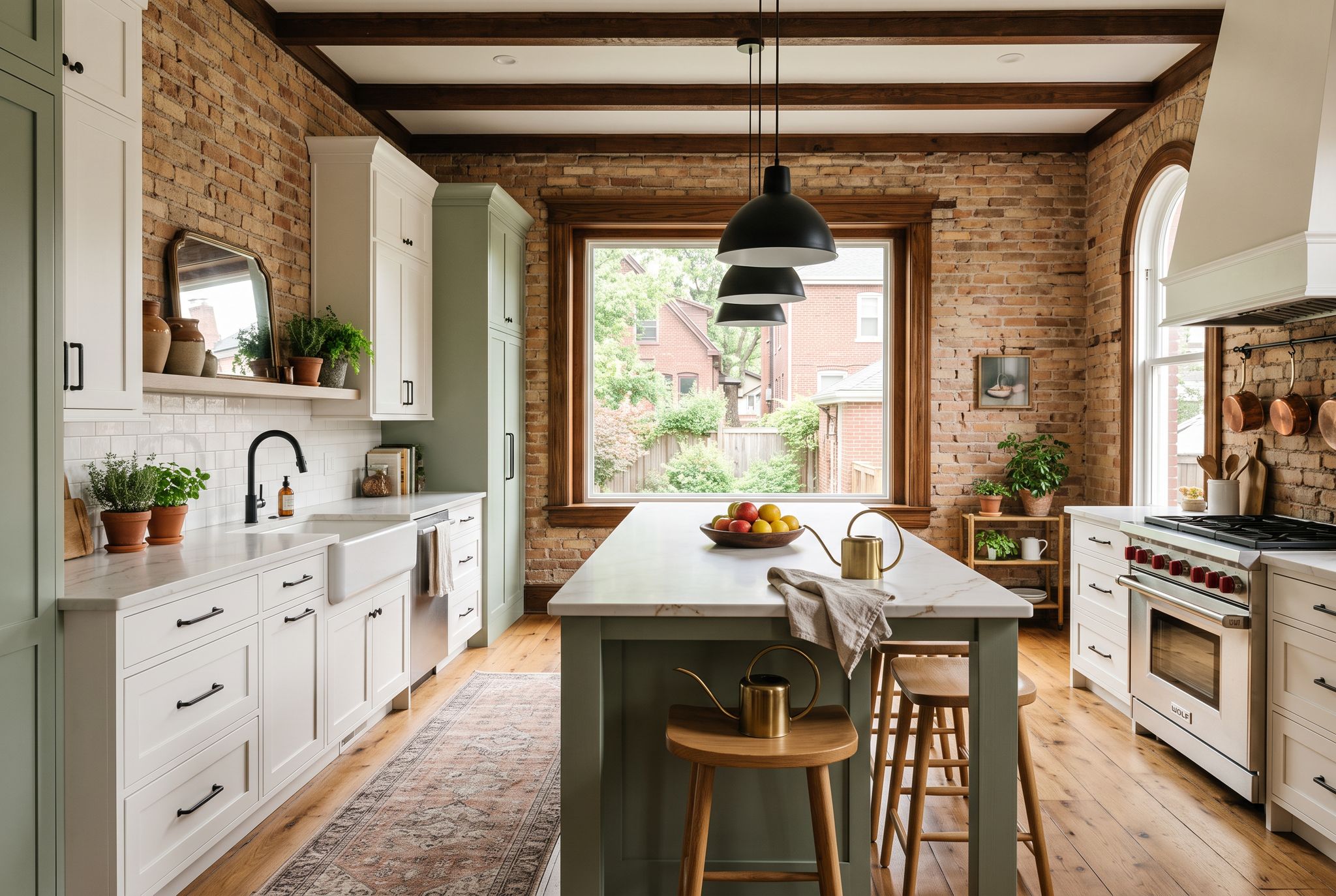 Remodeled kitchen with sage green island and quartz counters