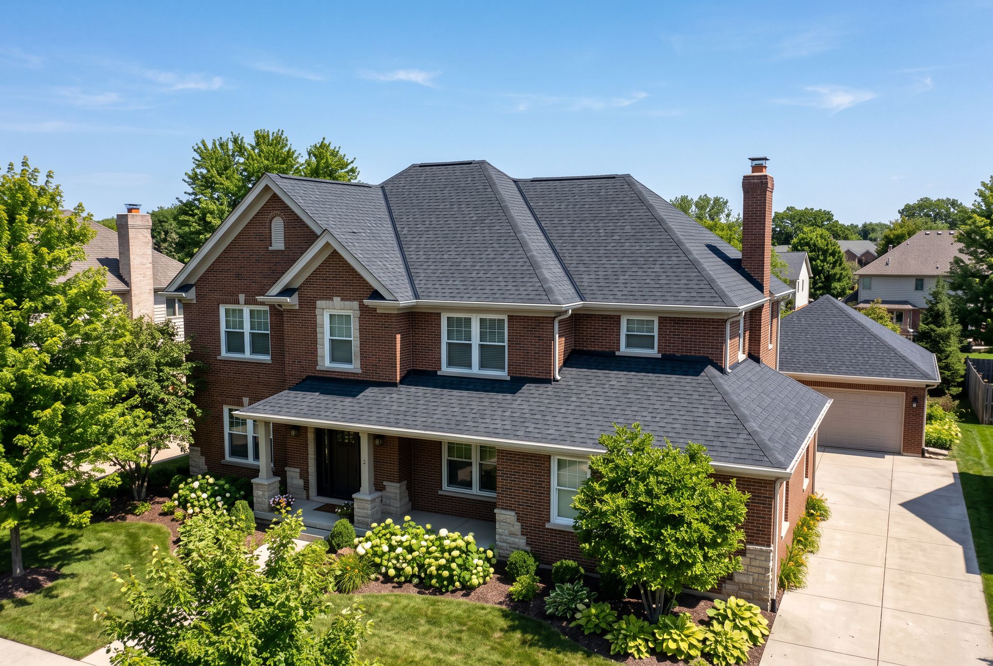 Newly replaced architectural shingle roof on a two-story brick home