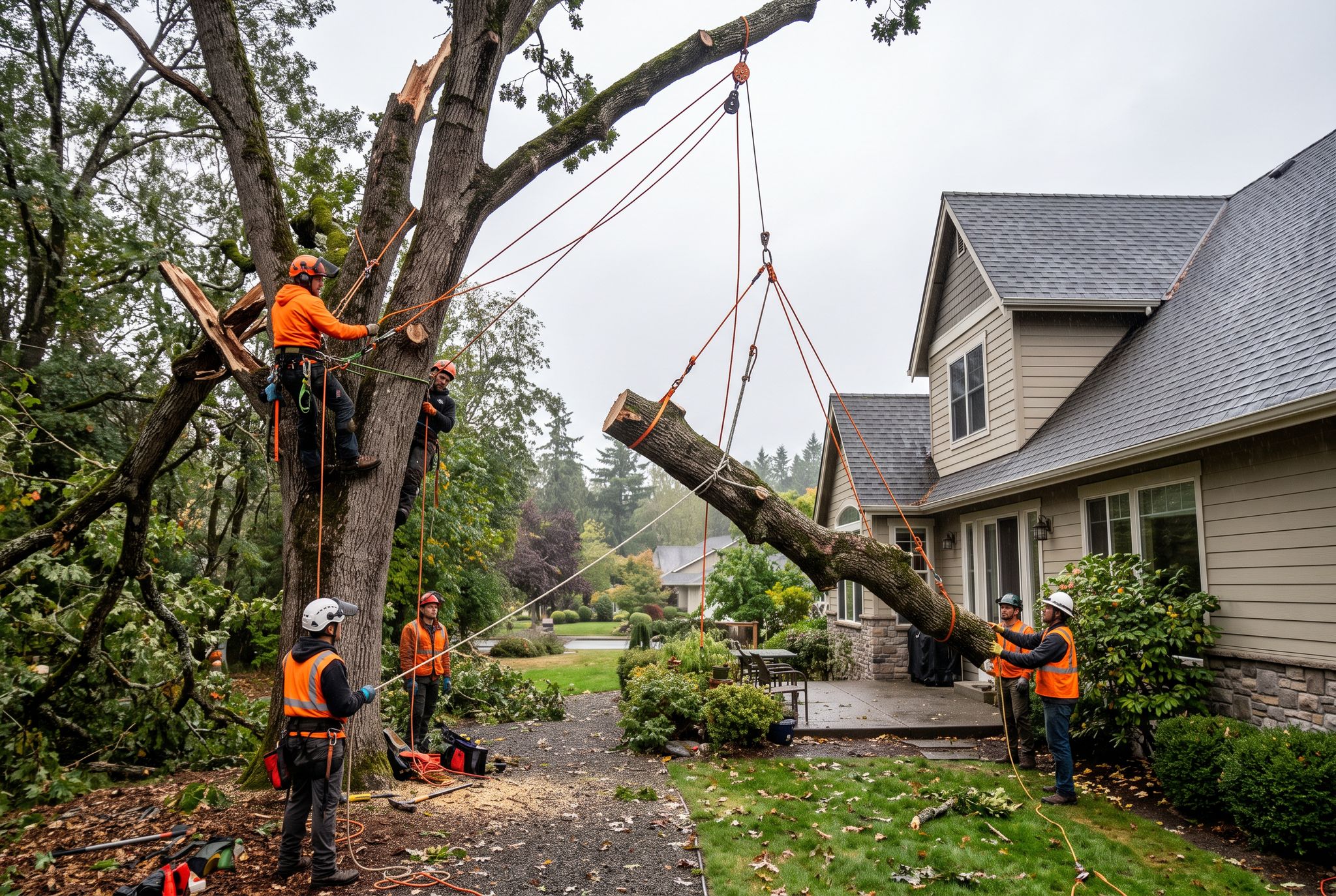 Crew with rigging lowering a large limb from a storm-damaged tree