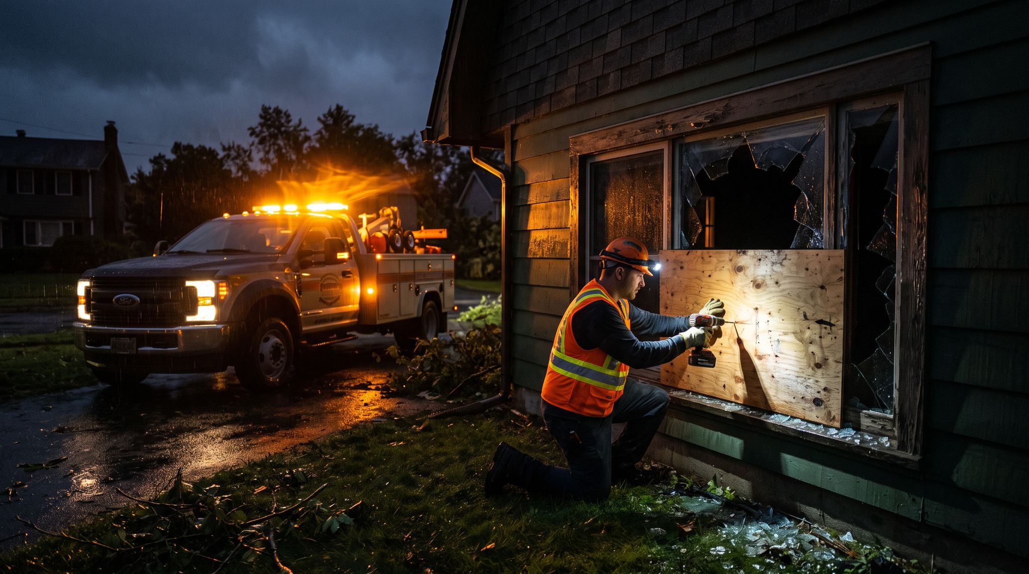 J L Fox emergency crew securing a storm-damaged home at night