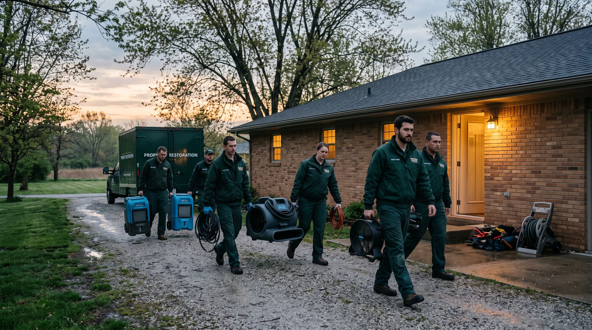 J L Fox restoration crew carrying drying equipment into a brick home at dawn