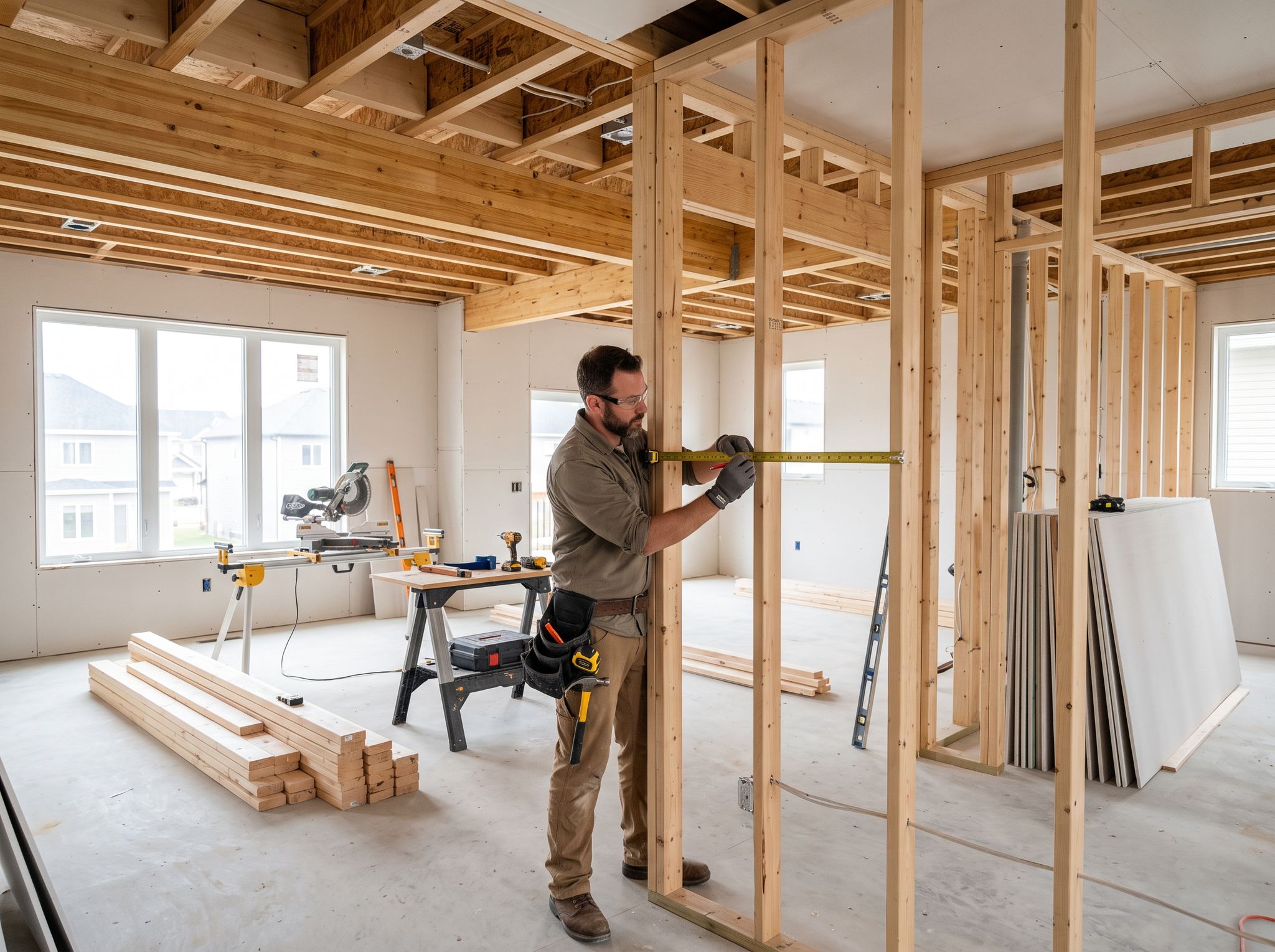 New framing and drywall during reconstruction of a damaged room