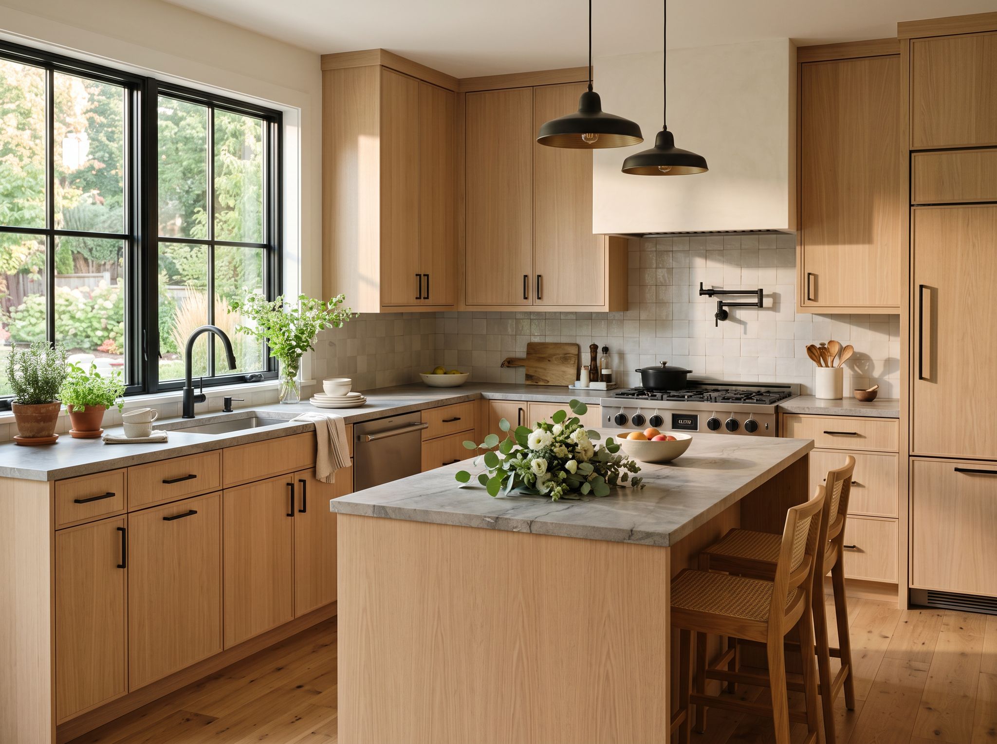 Finished kitchen remodel with oak cabinets and stone counters