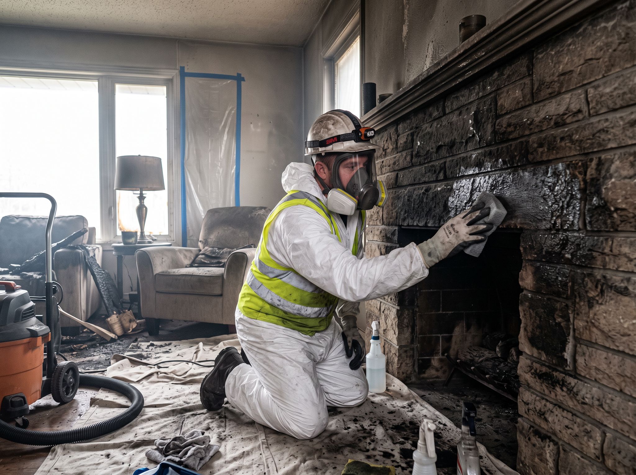 Technician cleaning soot from a fireplace wall after a house fire