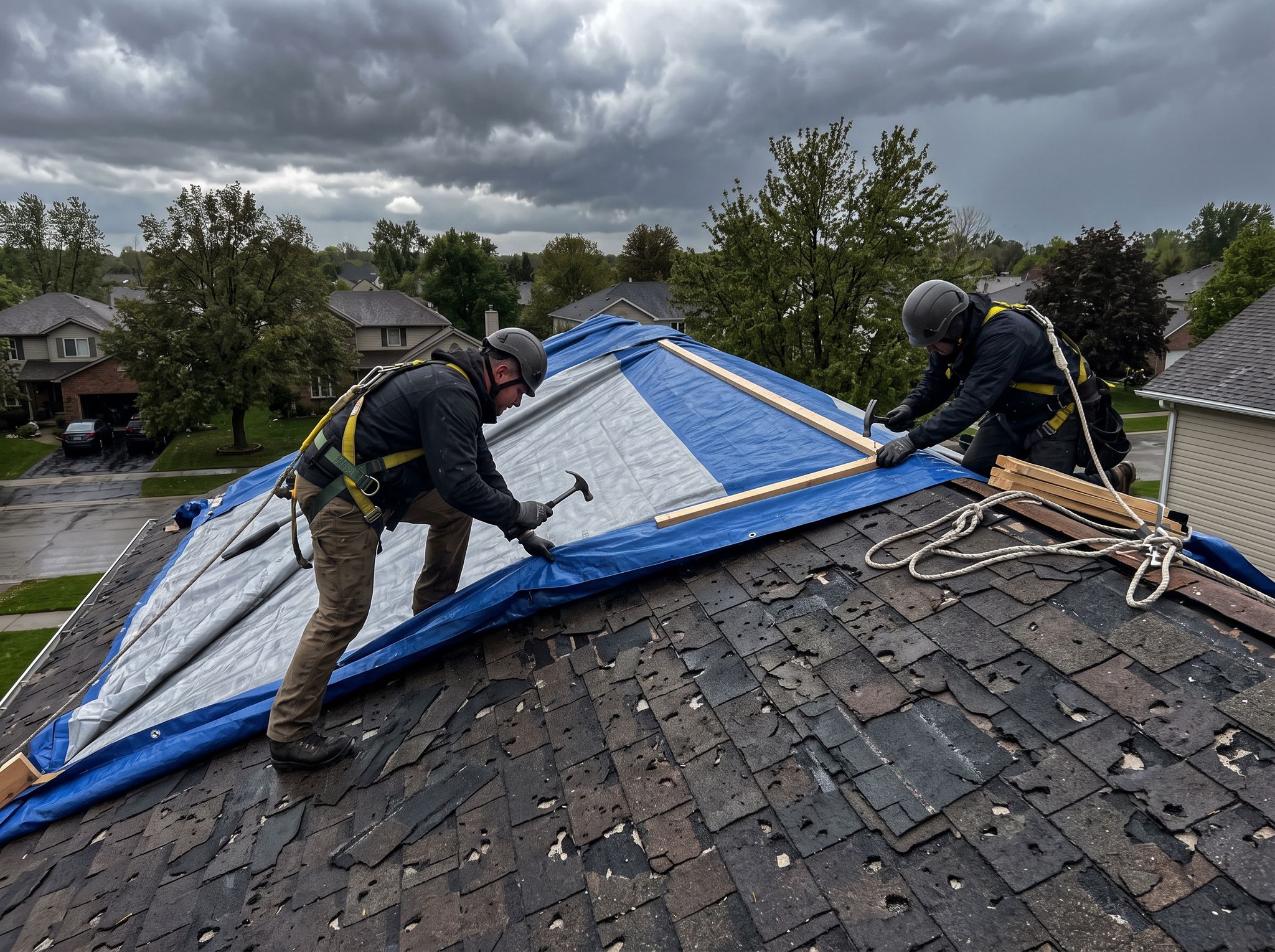 Roofers securing a tarp over storm-damaged shingles