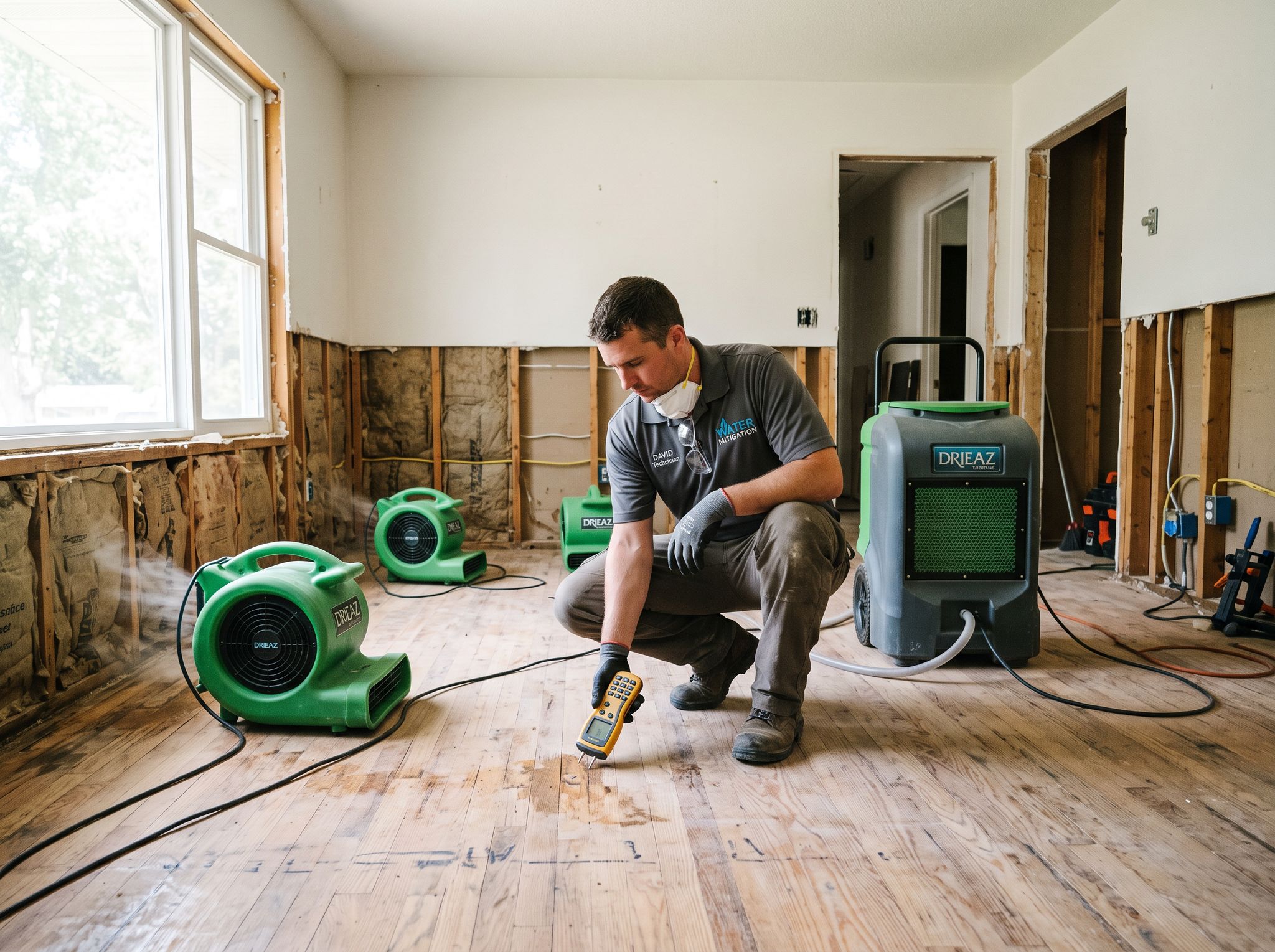 Air movers and a dehumidifier drying a living room after water damage