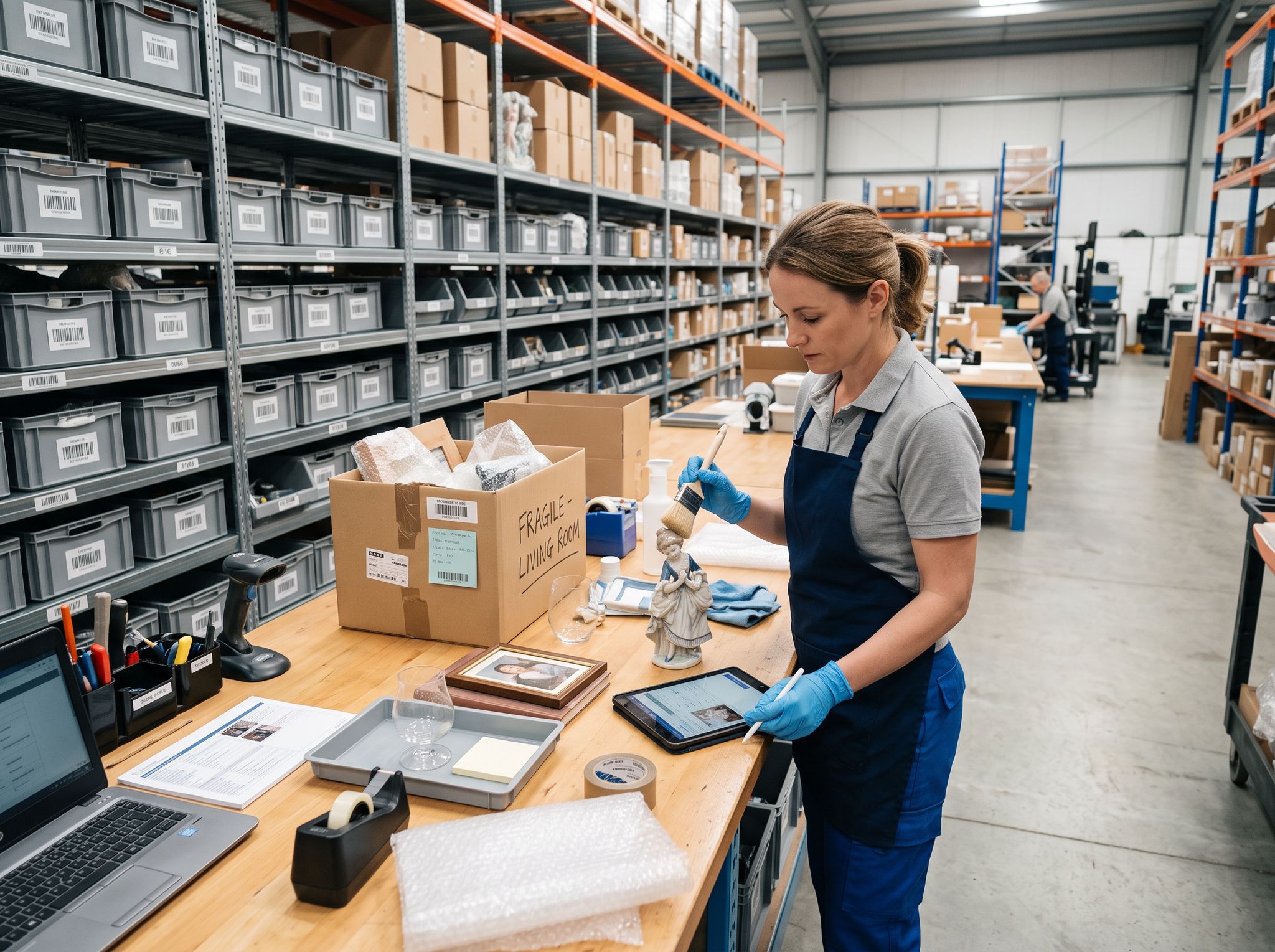 Specialist cleaning and cataloging boxed belongings in a storage facility