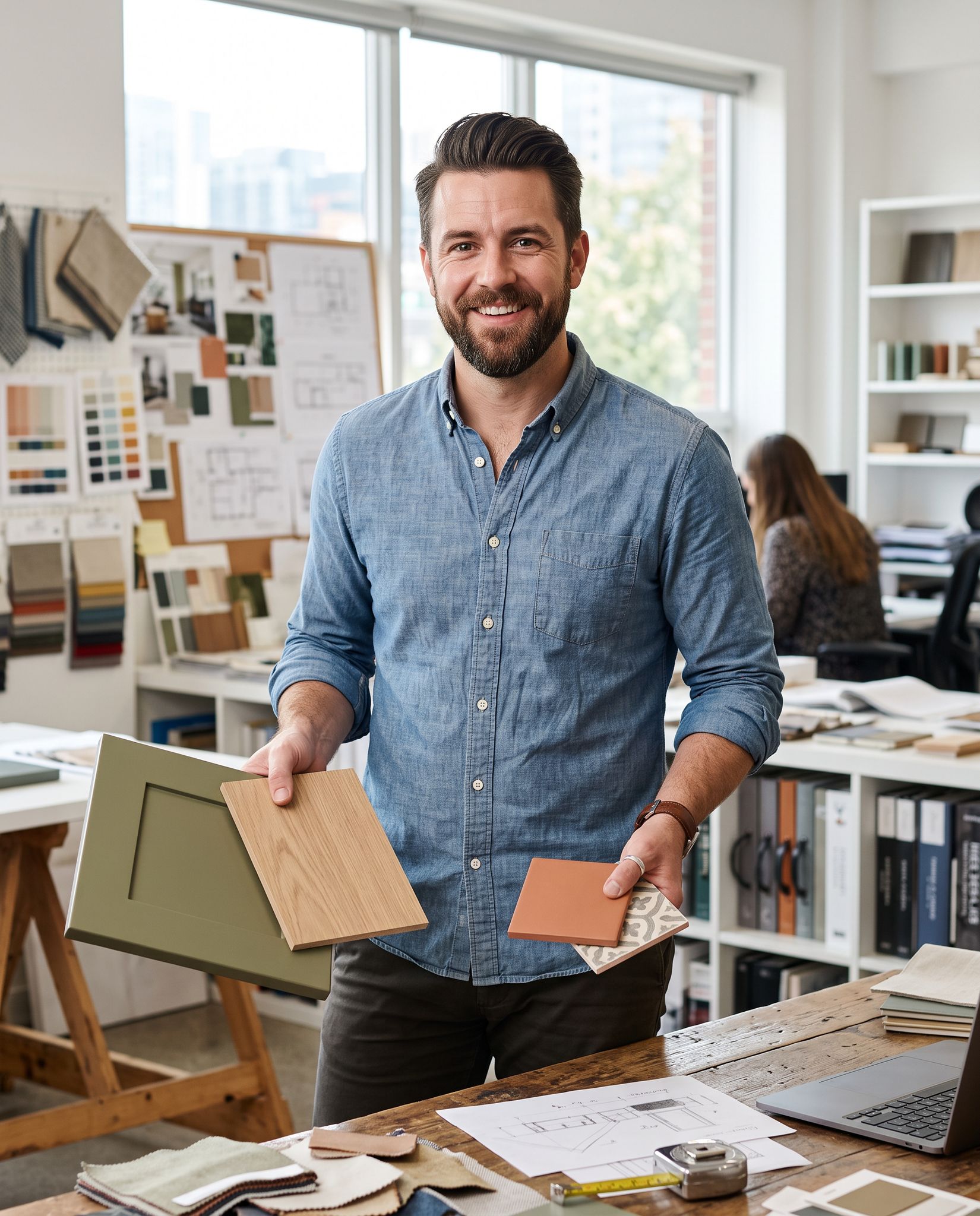 Portrait of a J L Fox designer holding material samples