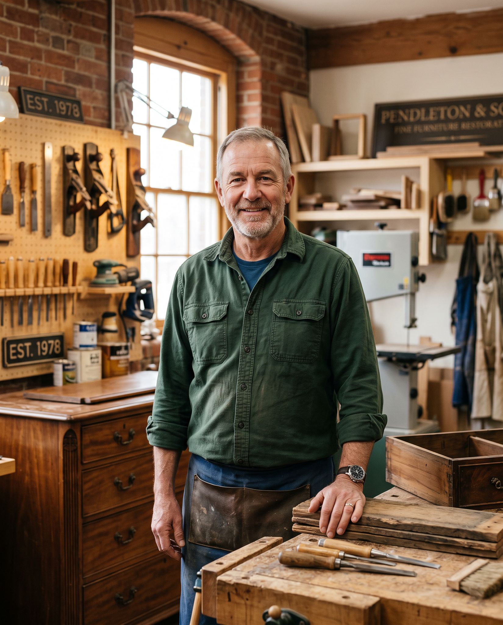 Portrait of the J L Fox owner in a workshop